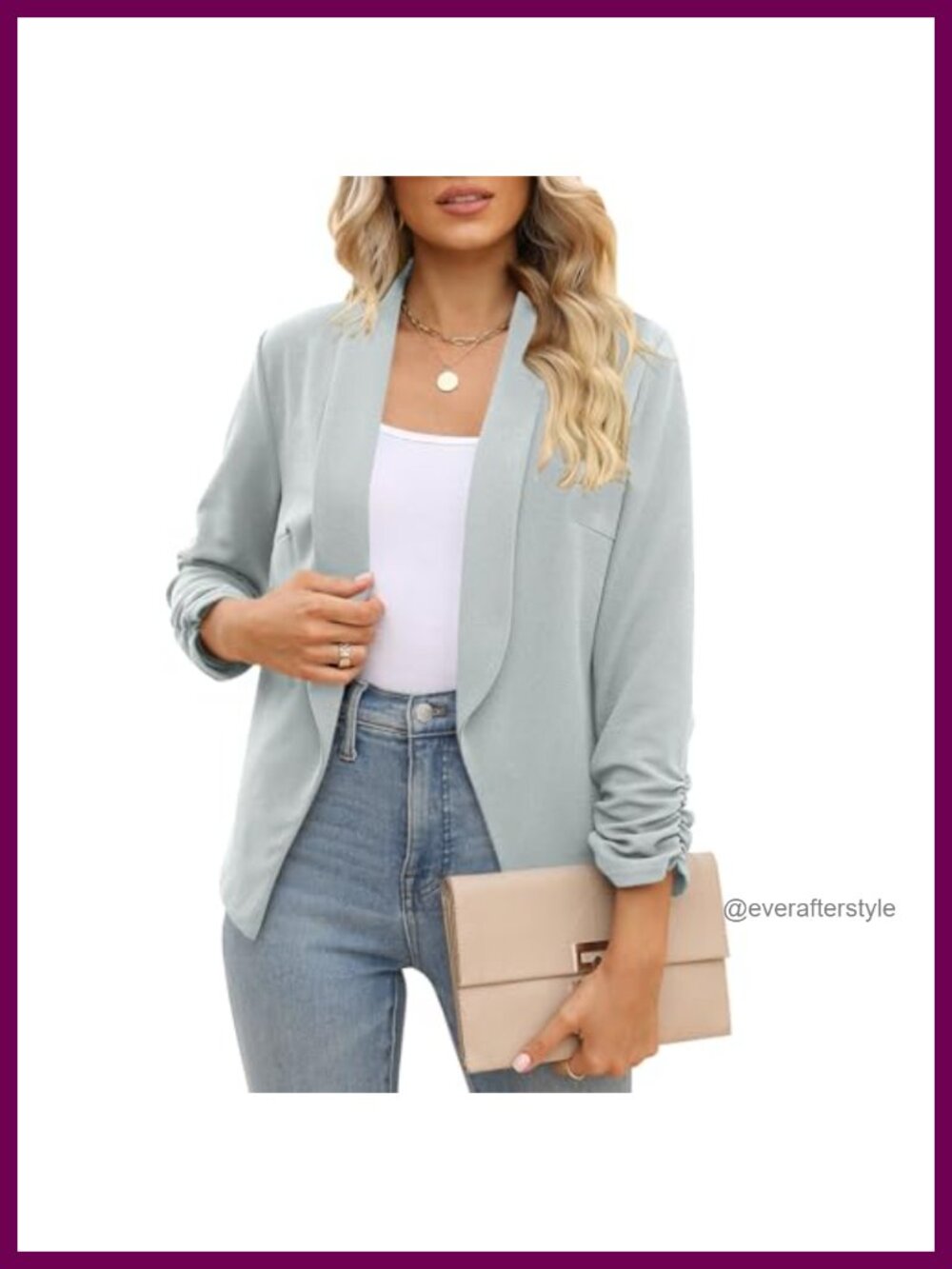 Women's 3/4 Ruched Sleeve Open Front Blazer Business Casual Work Office Jacket